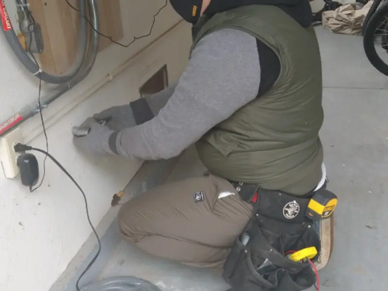 Electrician performing outlet wiring in a Shelbyville garage